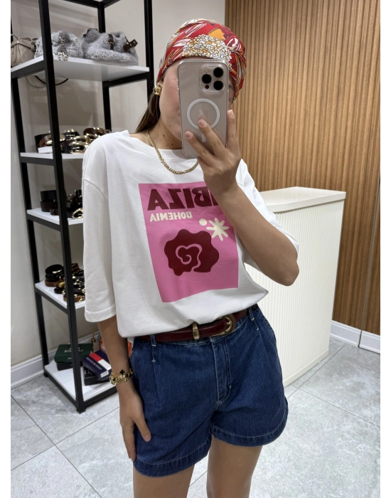 İbiza Baskılı Tshirt Beyaz