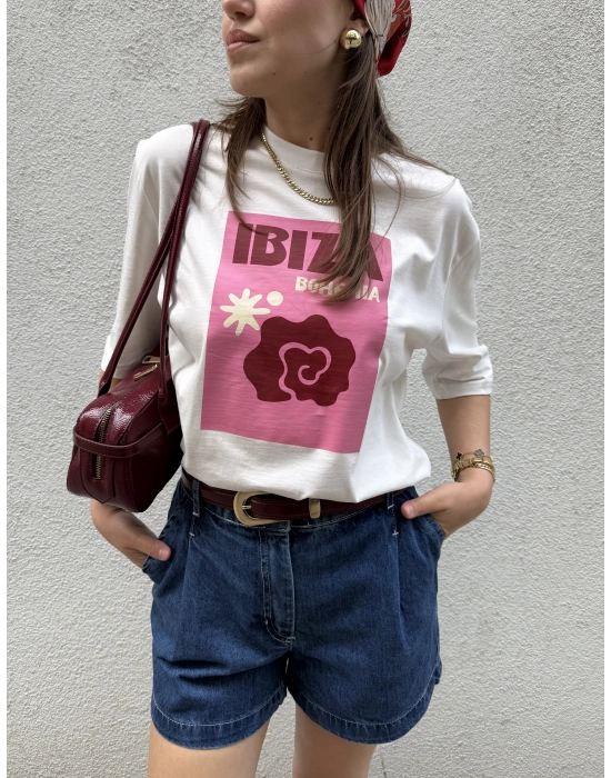 İbiza Baskılı Tshirt Beyaz