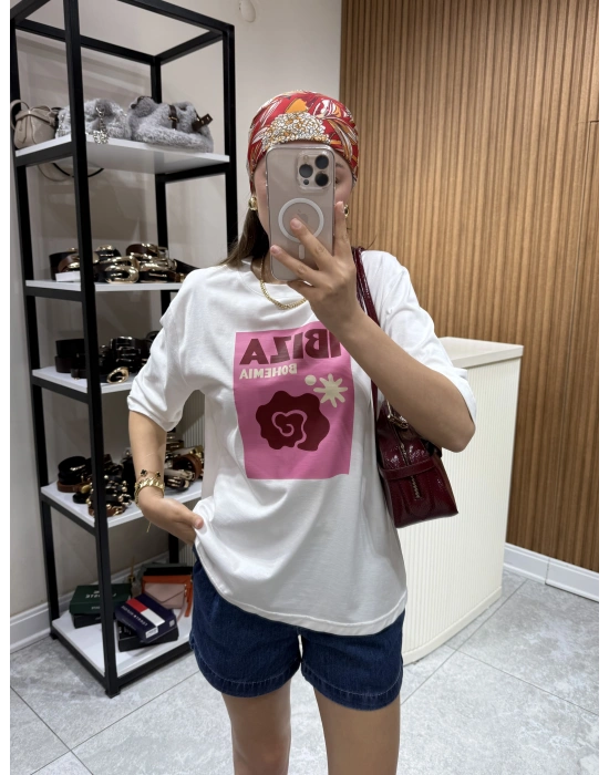 İbiza Baskılı Tshirt Beyaz