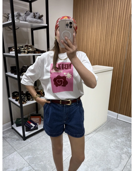 İbiza Baskılı Tshirt Beyaz