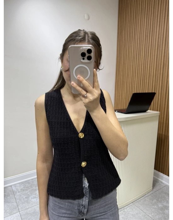 İki Düğmeli Yelek Acı Kahve