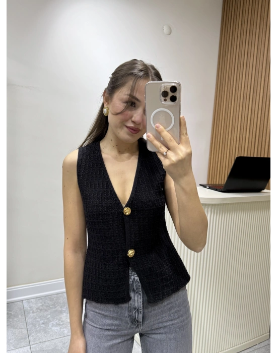 İki Düğmeli Yelek Acı Kahve