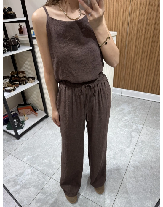 Jakarlı Bluz Pantolon Takım Kahve