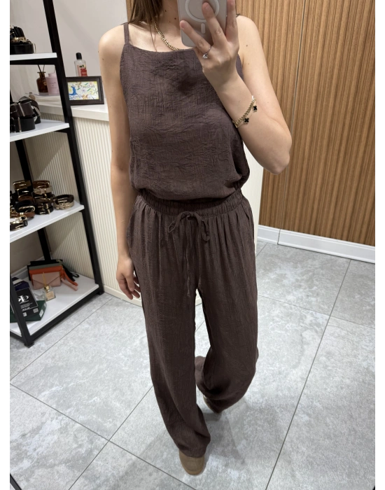 Jakarlı Bluz Pantolon Takım Kahve