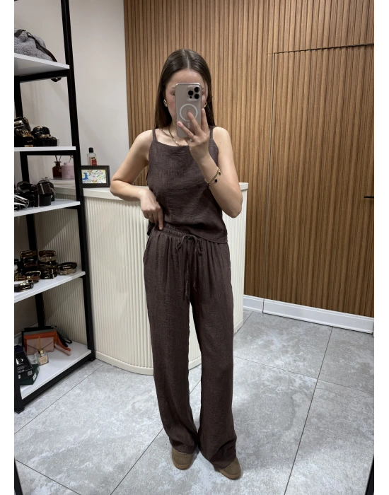 Jakarlı Bluz Pantolon Takım Kahve
