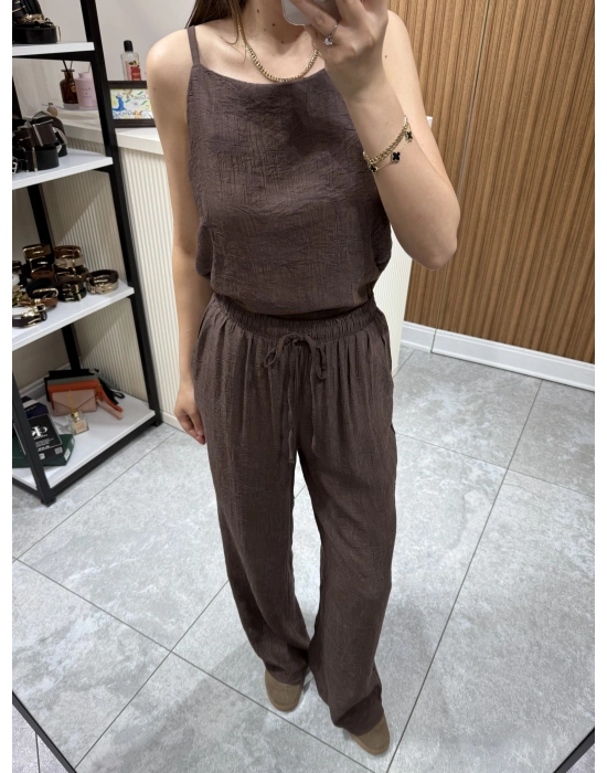 Jakarlı Bluz Pantolon Takım Kahve