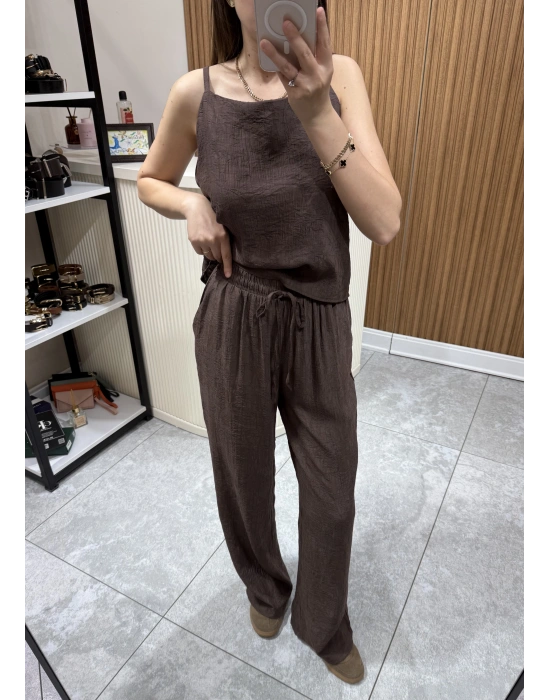 Jakarlı Bluz Pantolon Takım Kahve