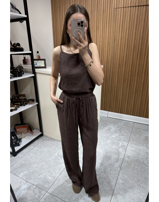 Jakarlı Bluz Pantolon Takım Kahve