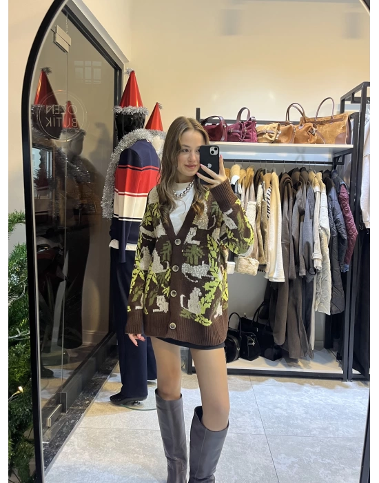 Kahve-Neon Yeşil Hırka