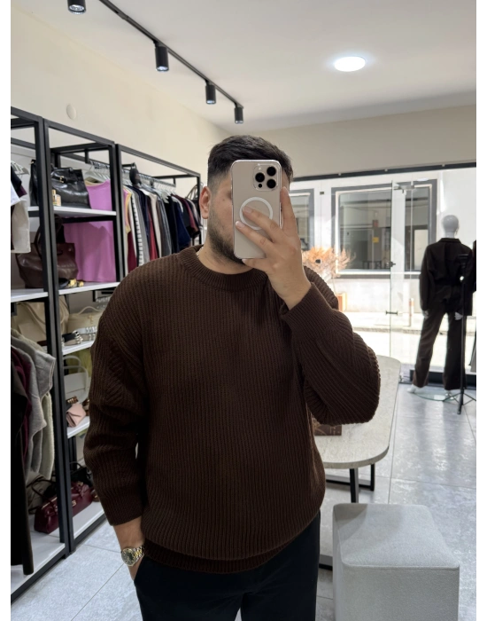 Kahve Örgülü Triko Kazak