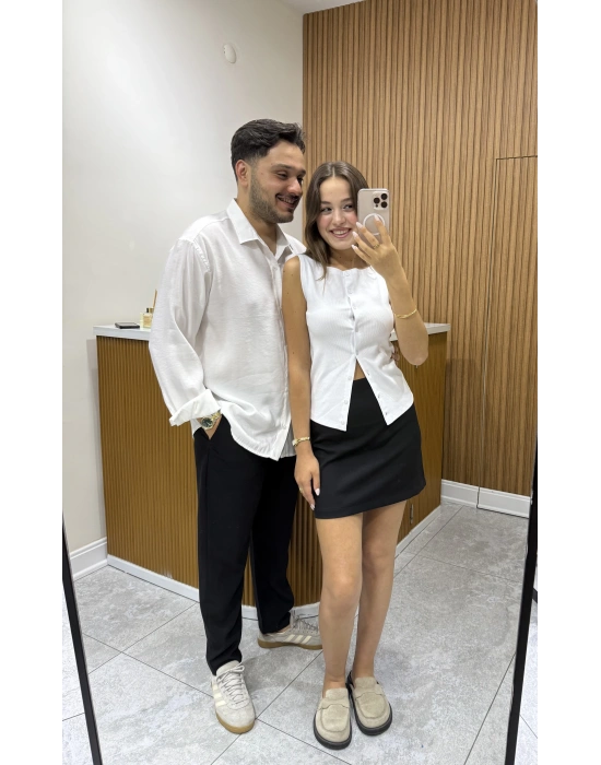 Kalın Askılı Düğmeli Bluz Beyaz