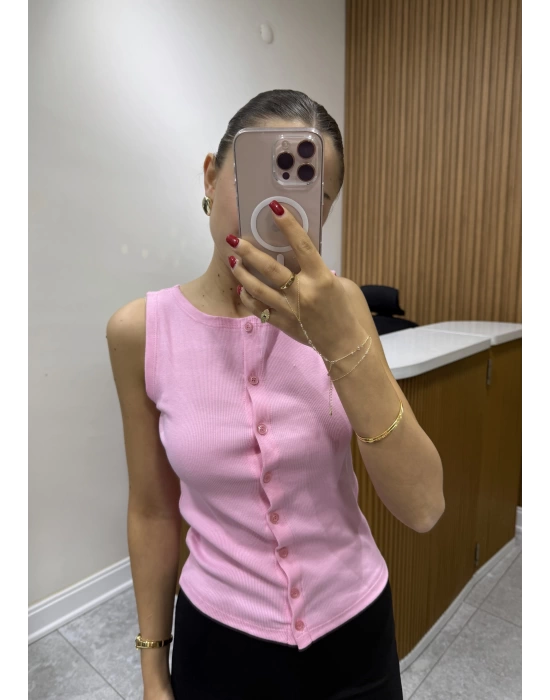 Kalın Askılı Düğmeli Bluz Pembe
