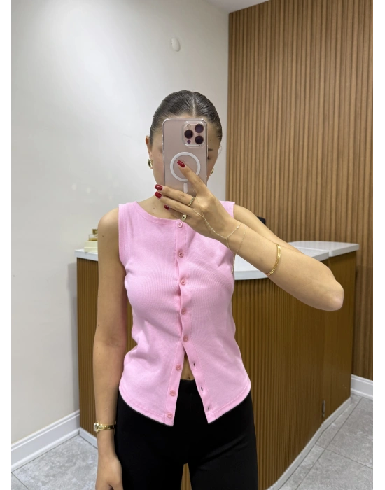 Kalın Askılı Düğmeli Bluz Pembe