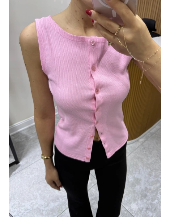 Kalın Askılı Düğmeli Bluz Pembe