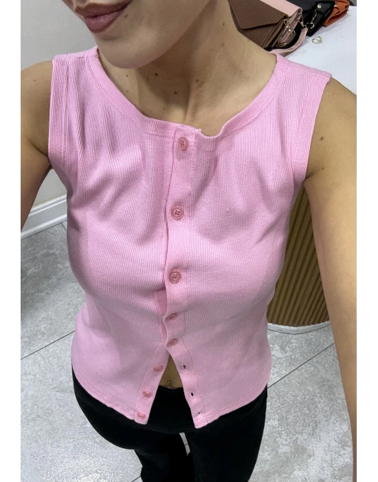 Kalın Askılı Düğmeli Bluz Pembe