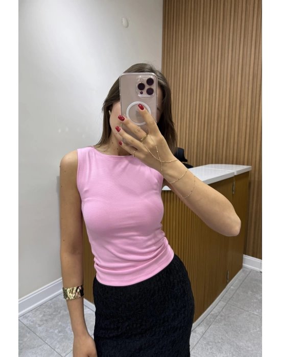 Kalın Askılı Pembe Basic Bluz