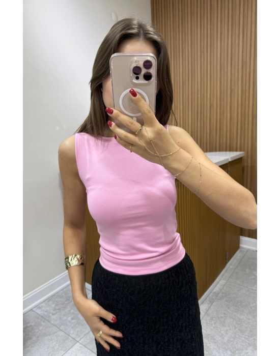 Kalın Askılı Pembe Basic Bluz