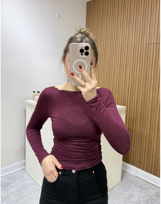 Kayık Yaka Transparan Bluz Bordo