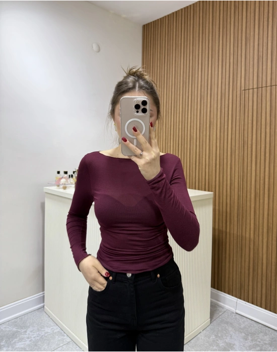 Kayık Yaka Transparan Bluz Bordo