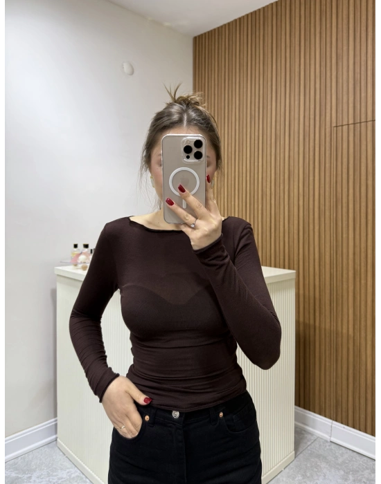 Kayık Yaka Transparan Bluz Kahve