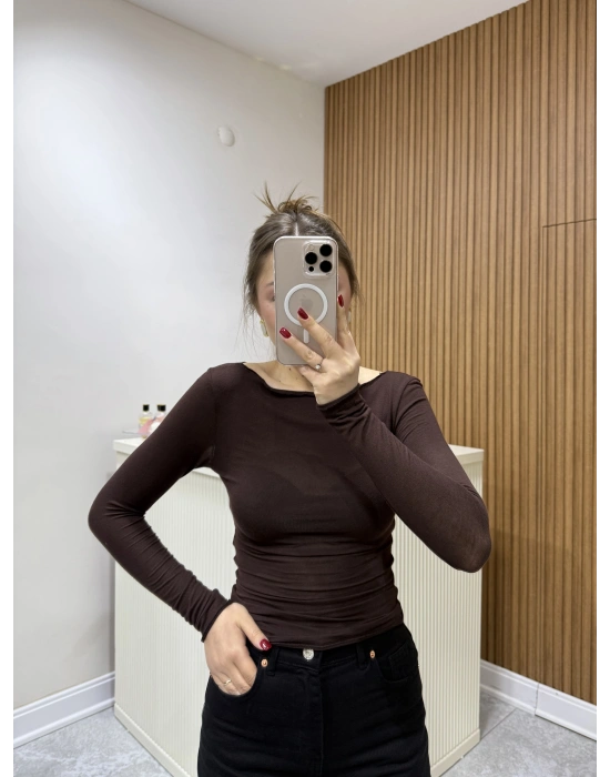 Kayık Yaka Transparan Bluz Kahve