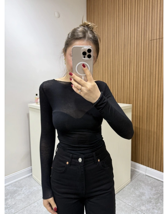 Kayık Yaka Transparan Bluz Siyah