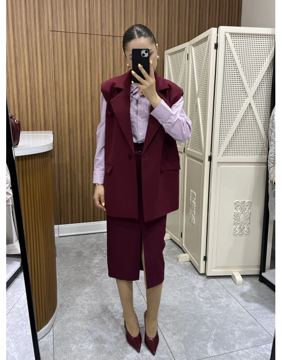 Kemerli Bordo Blazer Yelek