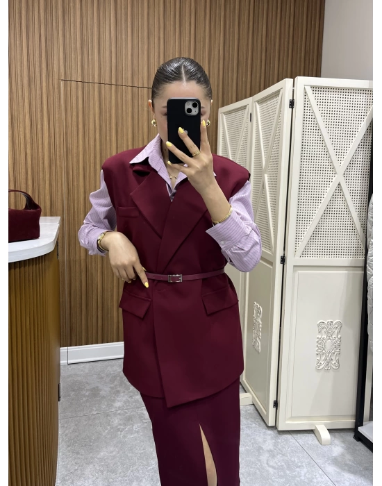 Kemerli Bordo Blazer Yelek