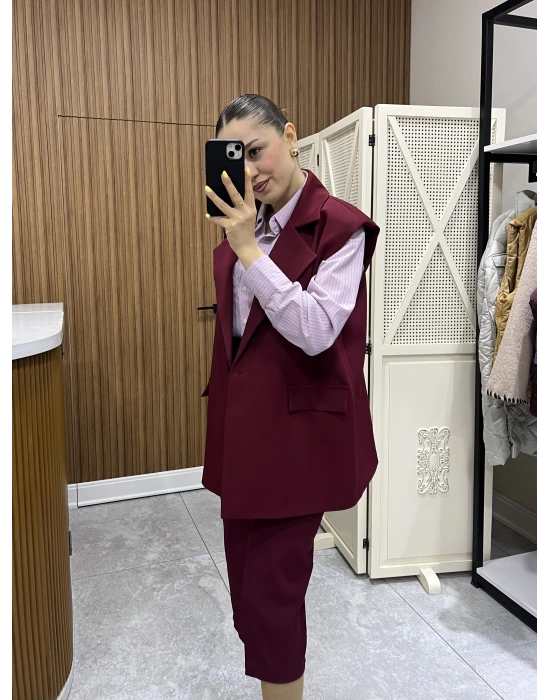 Kemerli Bordo Blazer Yelek