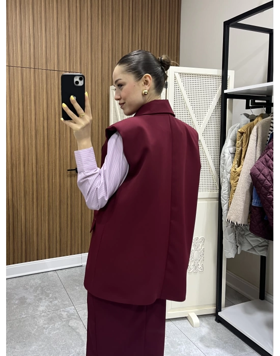 Kemerli Bordo Blazer Yelek