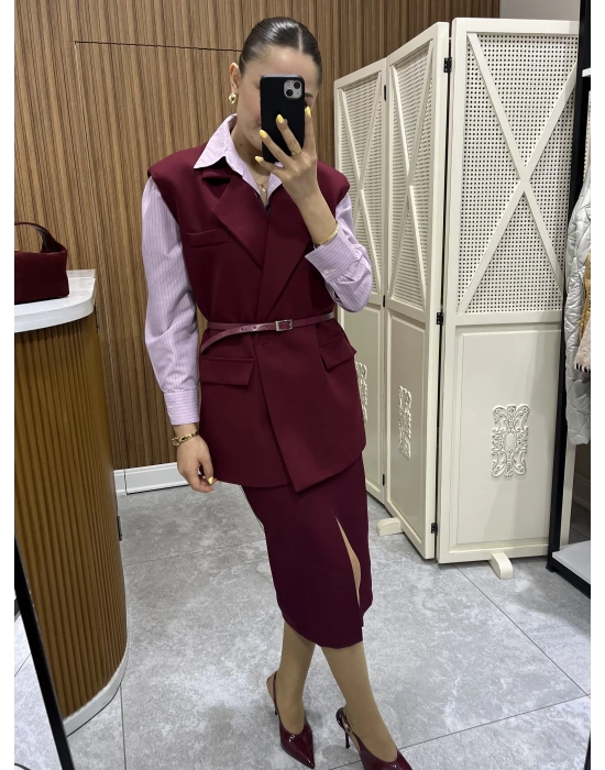 Kemerli Bordo Blazer Yelek