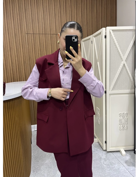 Kemerli Bordo Blazer Yelek