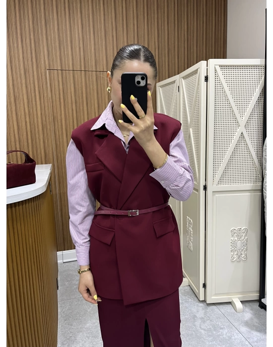 Kemerli Bordo Blazer Yelek