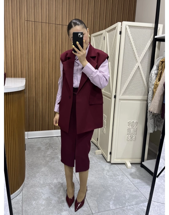 Kemerli Bordo Blazer Yelek