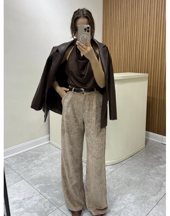 Kemerli Kadife Pantolon Camel