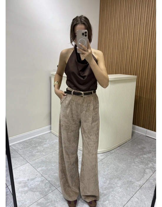 Kemerli Kadife Pantolon Camel