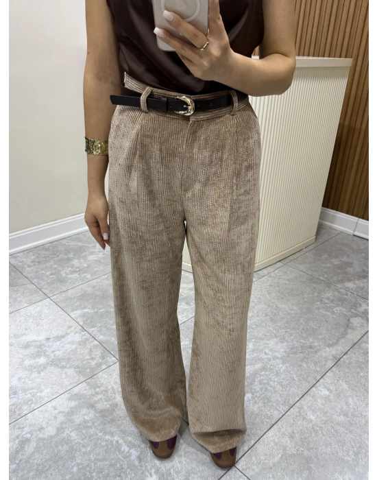 Kemerli Kadife Pantolon Camel