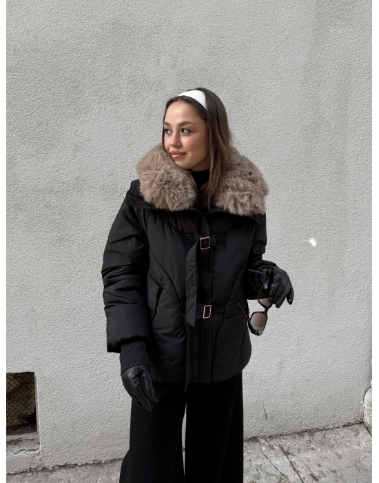 Kemerli Şişme Mont Siyah