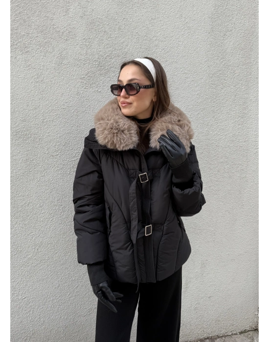 Kemerli Şişme Mont Siyah