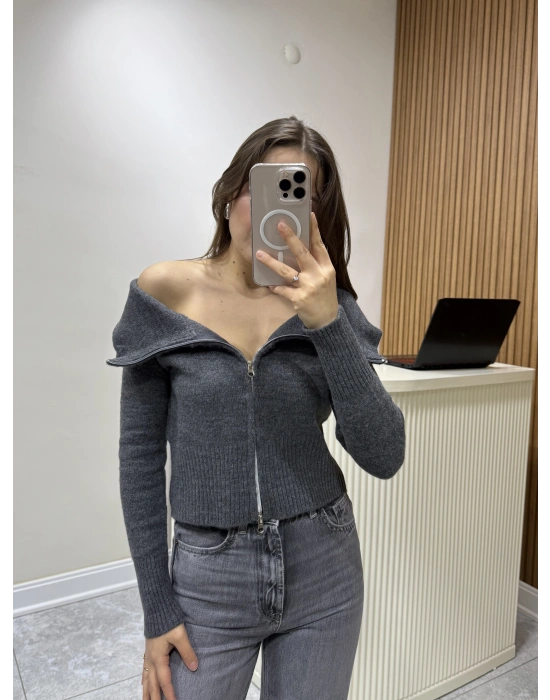 Madonna Yaka Fermuarlı Triko Hırka Gri