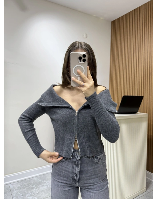 Madonna Yaka Fermuarlı Triko Hırka Gri