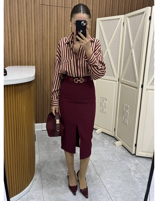 Önü Yırtmaçlı Midi Boy Marka Model Etek Bordo