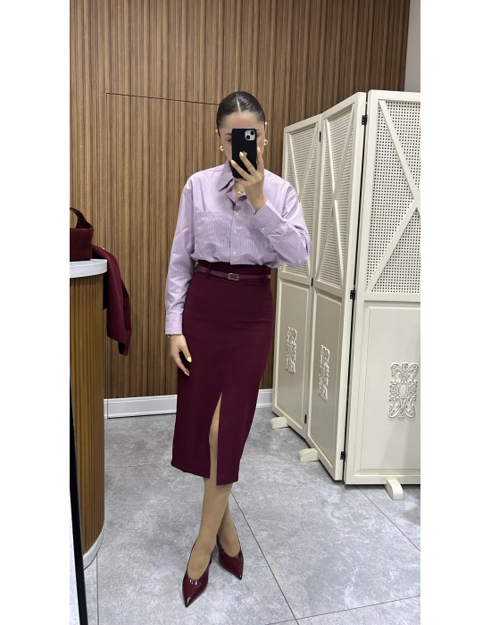 Önü Yırtmaçlı Midi Boy Marka Model Etek Bordo