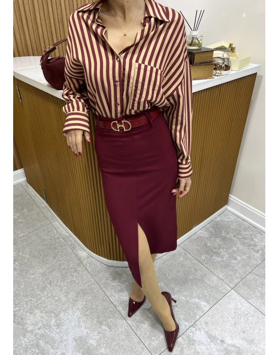 Önü Yırtmaçlı Midi Boy Marka Model Etek Bordo
