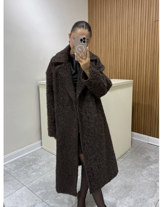 Oversize Astarlı Kahve Kürk Kaban
