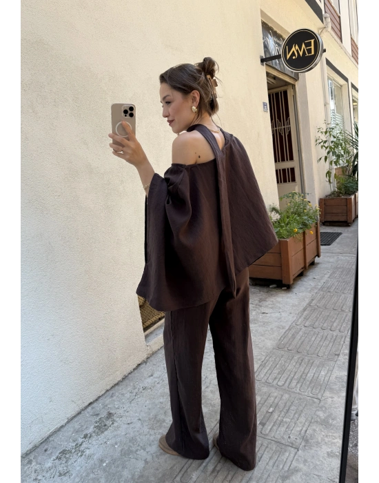 Pelerin Bluz Pantolon Takım Kahve