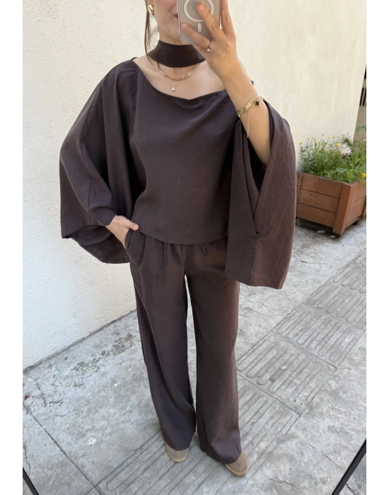 Pelerin Bluz Pantolon Takım Kahve