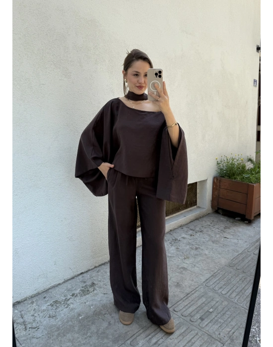 Pelerin Bluz Pantolon Takım Kahve