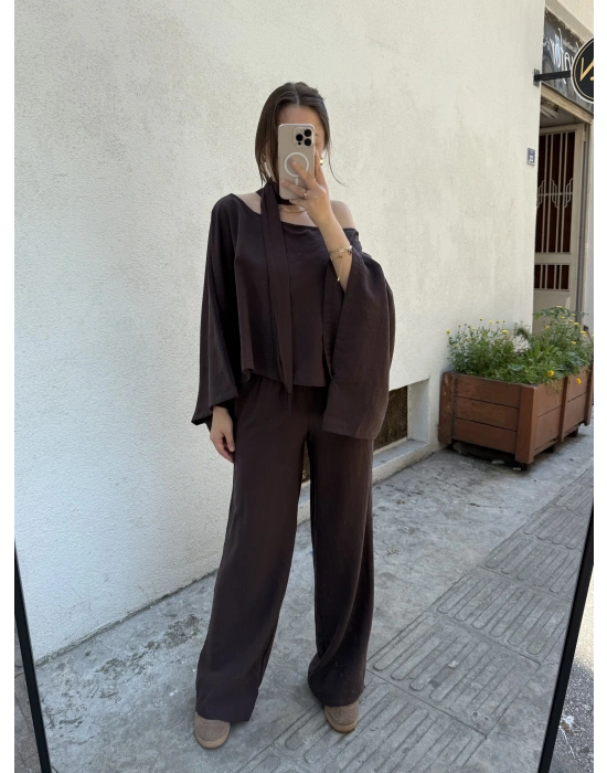 Pelerin Bluz Pantolon Takım Kahve