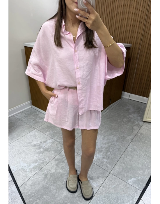 Pembe Tensel Gömlek Şort Takım